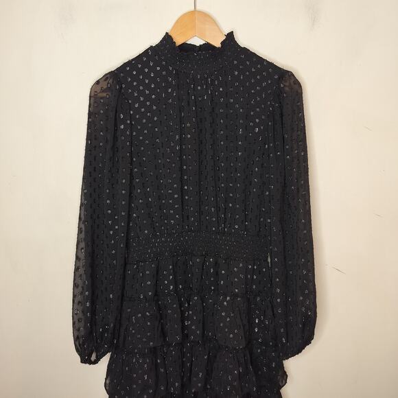 Express Black Chiffon Tiered Mini Dress Long Sheer Sleeve - Picture 2 of 13